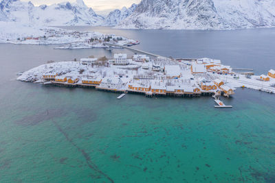 High angle view of sailboat in sea during winter