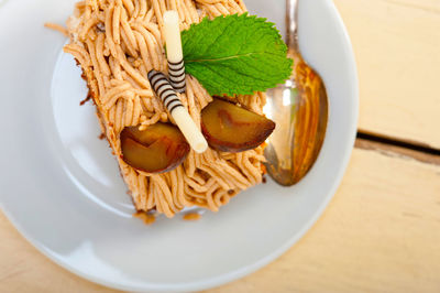 High angle view of food in plate on table