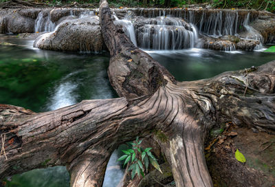 Waterfalls with a timber like a bridge, erawan waterfall, kanchanaburi,thailand