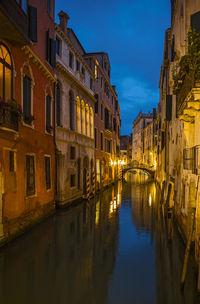 Narrow canal in venice after sunset