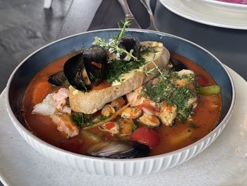 High angle view of food in bowl on table