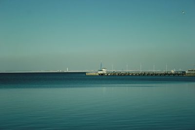 Scenic view of sea against clear blue sky