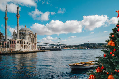 Ortakoy mosque, bosphorus bridge and christmas tree. christmas in istanbul. christmas christmas tree 