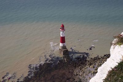 High angle view of lighthouse by sea