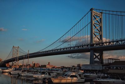 Boats moored in river by bridge against sky