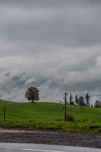 Scenic view of agricultural field against cloudy sky