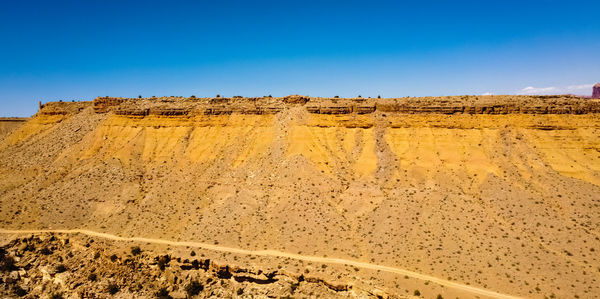 Scenic view of desert against clear blue sky