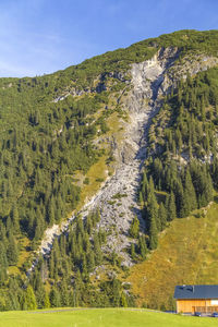 Scenic view of trees and mountains against sky