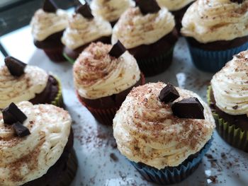 High angle view of cupcakes on table