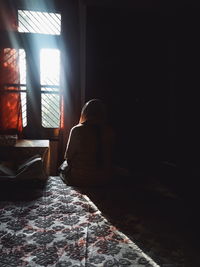 Rear view of woman on window