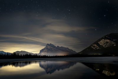 Panoramic view of lake and mountains against sky at night