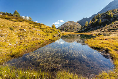 Scenic view of lake and mountains against blue sky