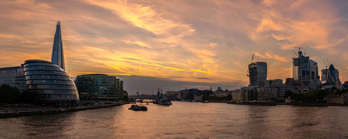 City buildings at waterfront during sunset