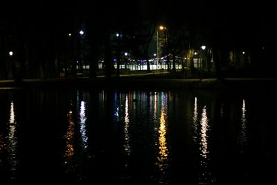 Reflection of illuminated city in water at night