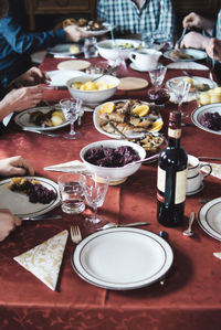 High angle view of food served on table