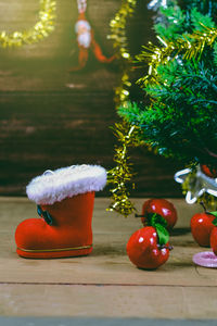 Close-up of christmas decorations on table