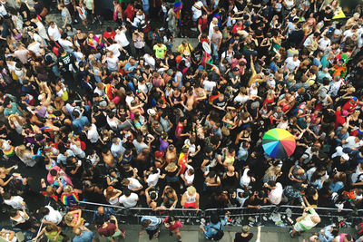 High angle view of group crowd of people at pride london 