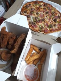 High angle view of food in box on table