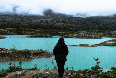 Rear view of woman looking at lake