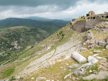 Scenic view of mountains against cloudy sky