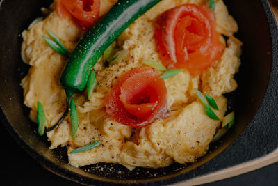 High angle view of breakfast served in plate