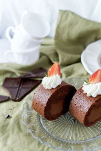 High angle view of chocolate cake on table