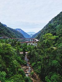 Scenic view of trees and mountains against sky