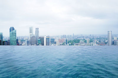 Modern cityscape by sea against sky