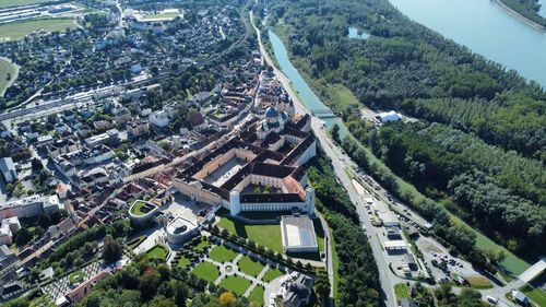 High angle view of buildings in city