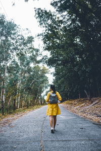 Rear view of woman walking on road amidst trees