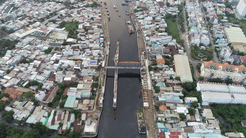 High angle view of buildings in city