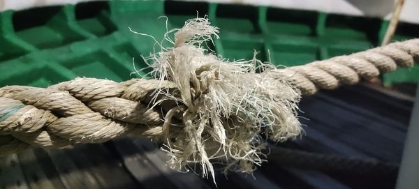 Close-up of rope tied up on wood