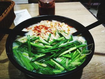 High angle view of food in bowl on table