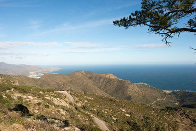 Scenic view of sea and mountains against sky