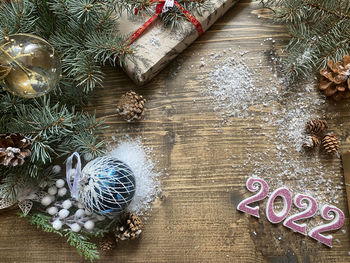 High angle view of christmas tree on table