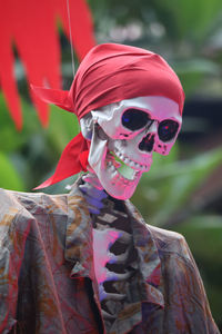 Close-up of human skeleton outdoors
