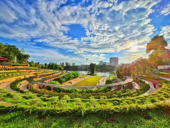 Panoramic shot of plants and buildings against sky