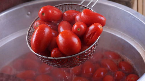 High angle view of strawberries in bowl