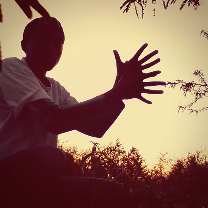 sky, one person, real people, silhouette, sunset, leisure activity, lifestyles, plant, nature, hand, human hand, tree, men, outdoors, human body part, clear sky, waist up, day, three quarter length, finger, arms raised