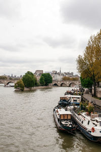 Boats in river against cloudy sky