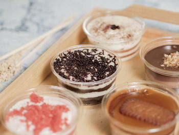 High angle view of desserts in bowl on table