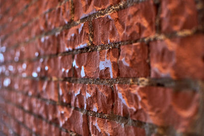 Loft red brick wall, angled view. polished brick wall in attic interior. background texture