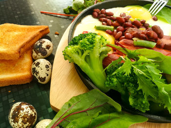 High angle view of breakfast served on table