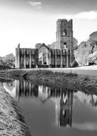 Black and white reflection of fountains abbey. 