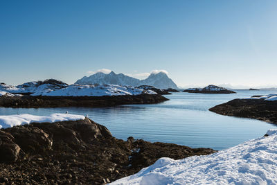 Scenic view of snowcapped mountains against clear sky