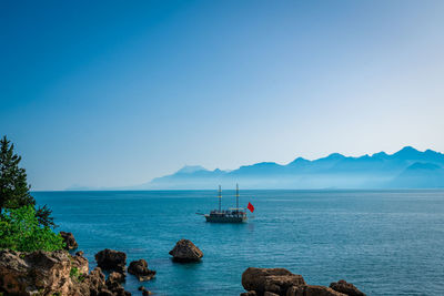 Scenic view of sea against clear blue sky