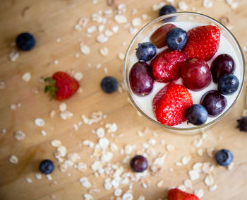 High angle view of strawberries in bowl on table