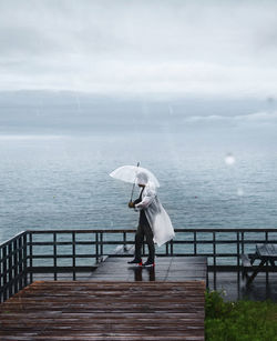 Rear view of woman standing on railing against sea