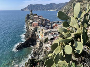 High angle view of sea against sky - cinque terre village