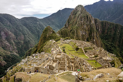 High angle view of temple against mountain range